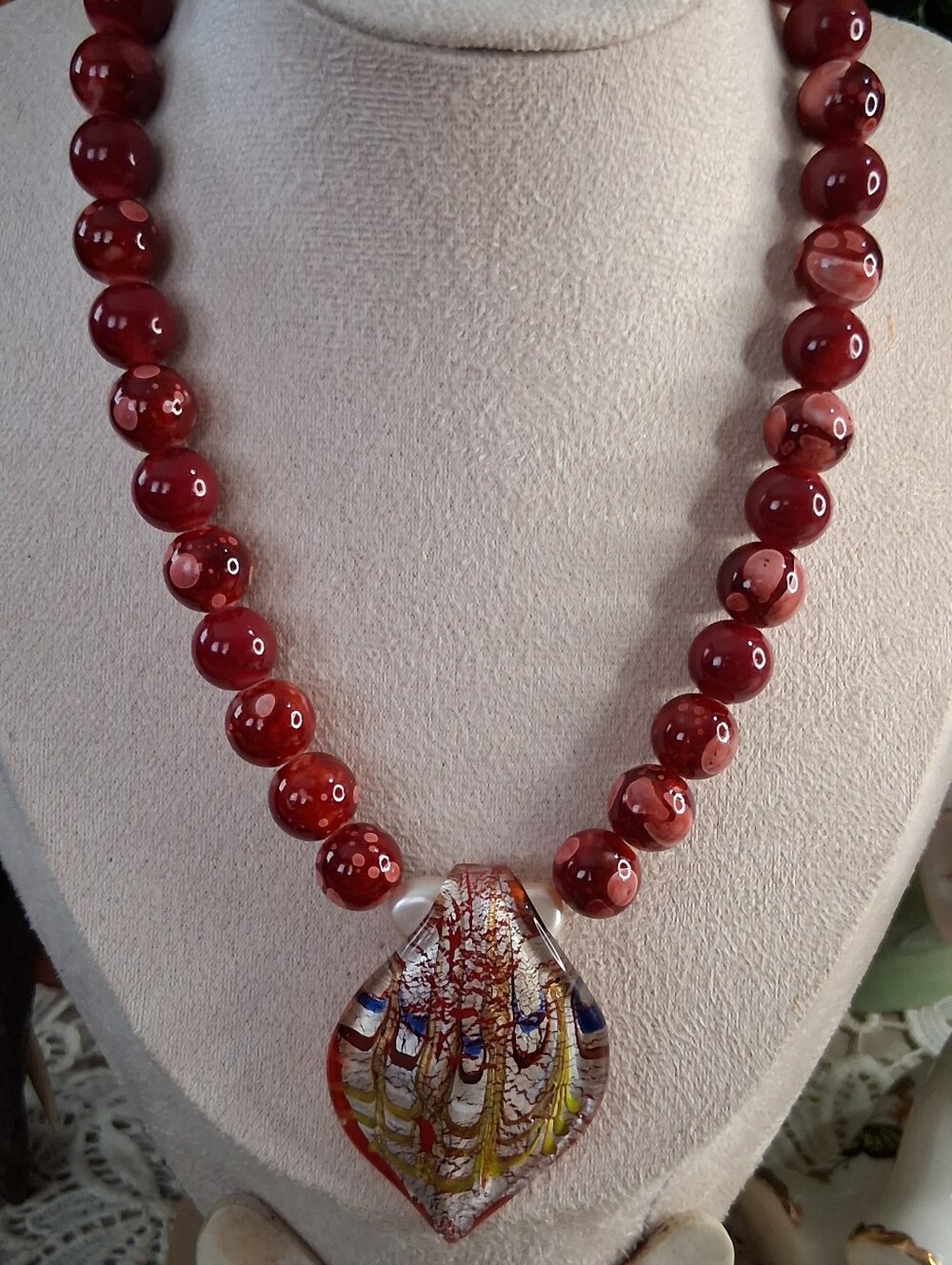Red Glass Bead Necklace with Handcrafted Pendant - Unbranded